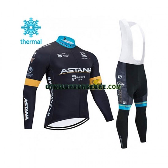 Herr Cykeltröjor Långärmad och Bib Cykeltights Vinter Thermal Fleece 2020 Astana Pro Team N002